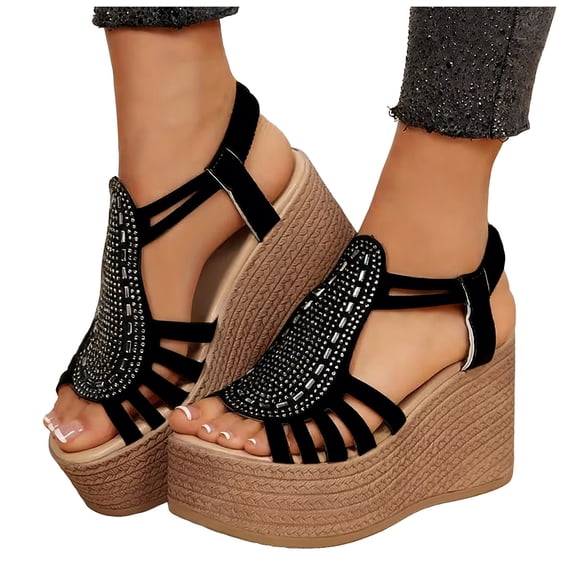 Wedges Heels for Women Open Toe Platform Fisherman Gladiator Sandals Glitter Rhinestone Elastic Ankle Strap Pumps Shoes Black Size 9.5