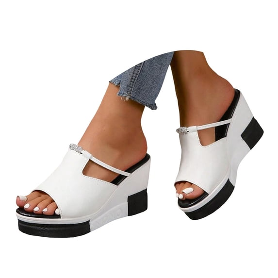Wedges Heels for Women Peep Toe Platform Sandals Summer Trendy Rhinestone Beaded Slip on Slides Pumps Shoes White Size 9