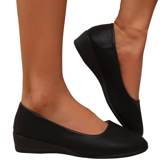 Wedges Heels for Women Retro Leather Slip on Low Wedge Dressy Shoes Casual Comfy Round Toe Walking Shoes Black Size 8