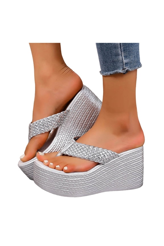 Wedges Sandals for Women Lightweight Platform Beach Tong Sandal Open Toe Casual Dressy Summer Flip Flops Silver Size 8.5