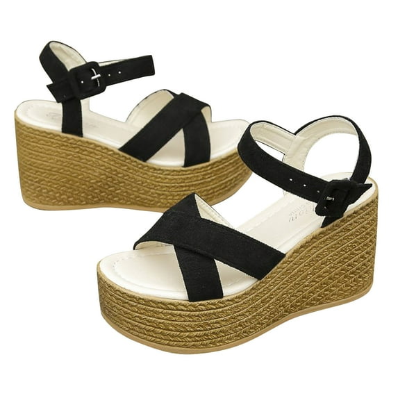 Wedges Sandals for Womens Summer Peep Toe Breathable Beach Sandals Platform Espadrille Thick Bottom Buckle Ankle Strap Beach Shoes Black Women Sandal