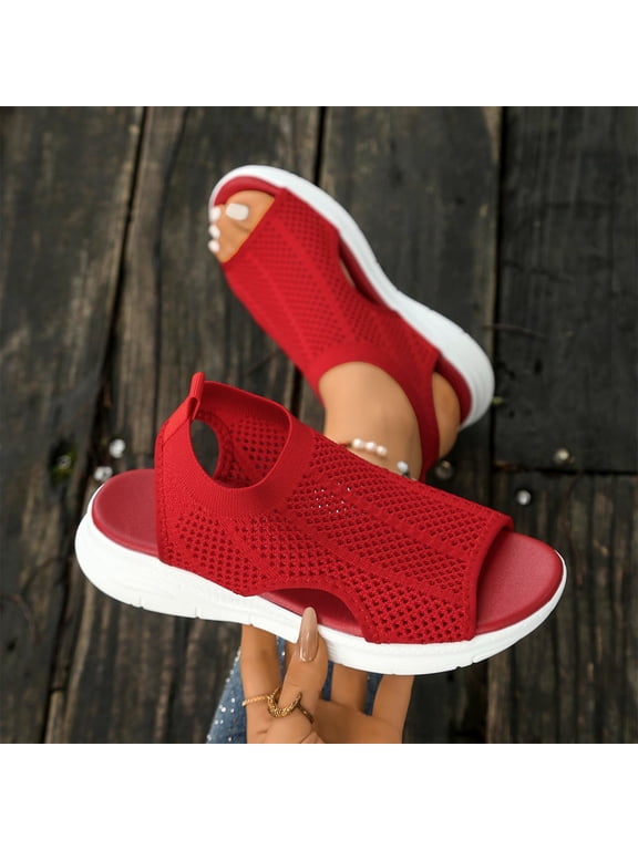 Wedges Sandals for Womens Summer Plus Size Casual Solid Color Knitted Mesh Hollow-Out Breathable Soft Sole Comfortable Sandals