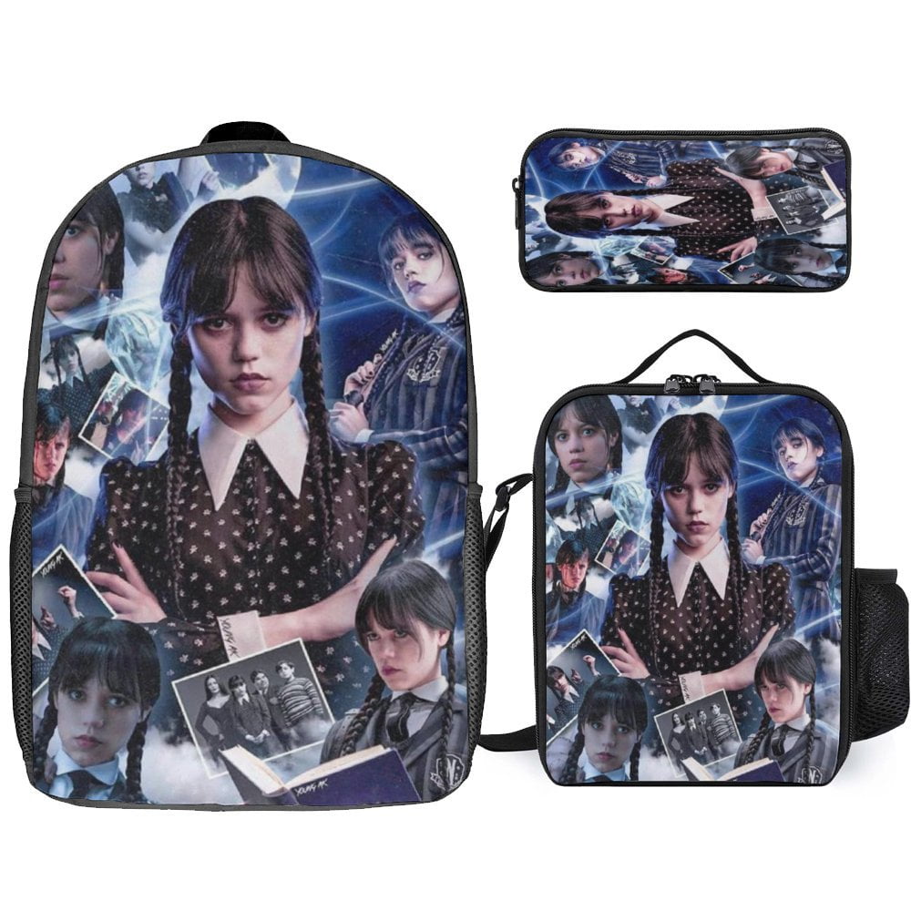 YDEGUXN Wednesday Addams Backpack Set Cartoon Backpacks with Pencil Case And Lunch Bag Lunch Box For Kids Lightweight Travel Casual Daypack School Supplies