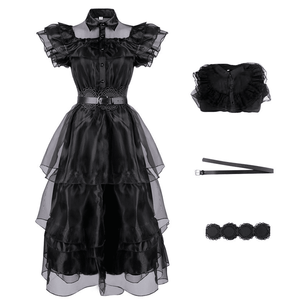 Wednesday Addams Cosplay Costume Set Carnival Party Mesh Dress Outfits For  Women/ Kids