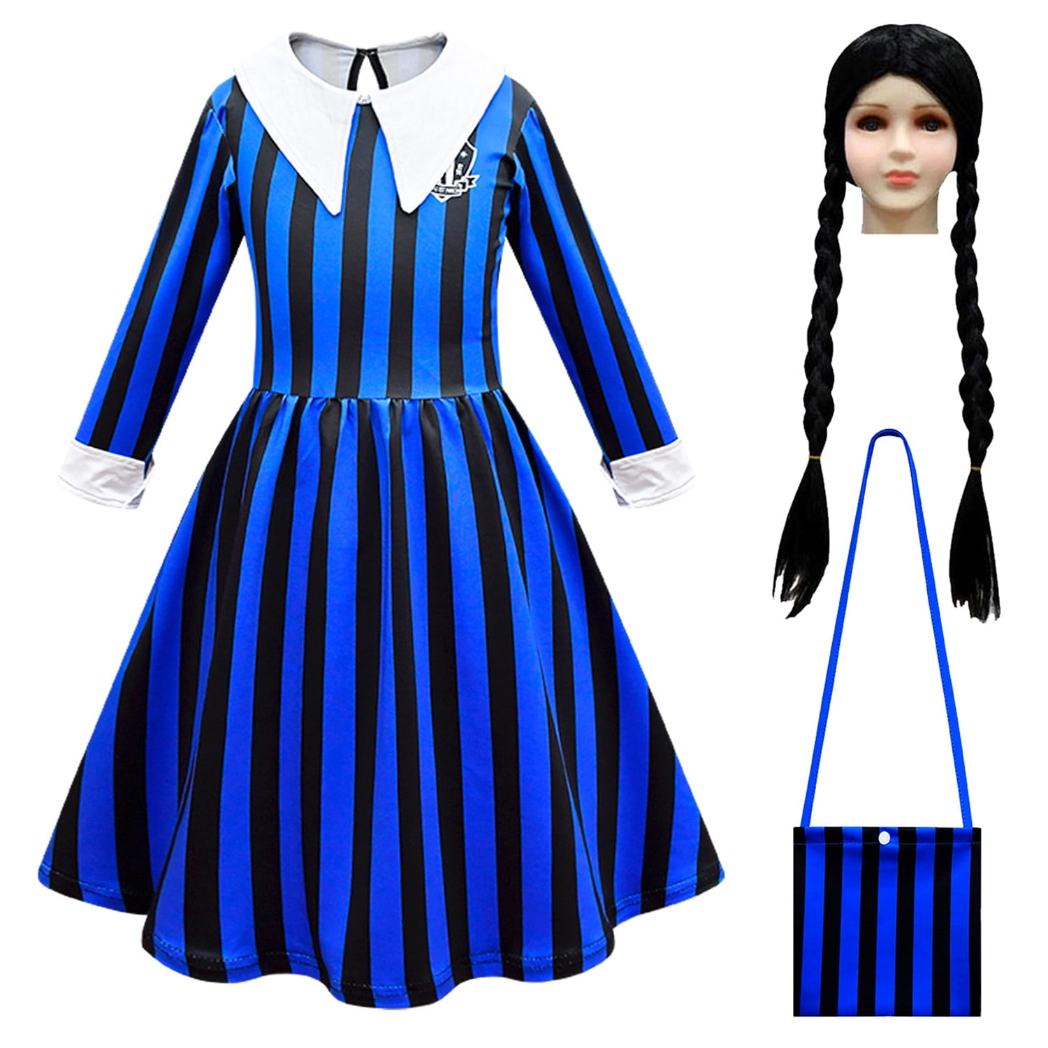 Wednesday Addams Cosplay Costume Kids Nevermore Academy School Uniform Blue  Dress with Bag 