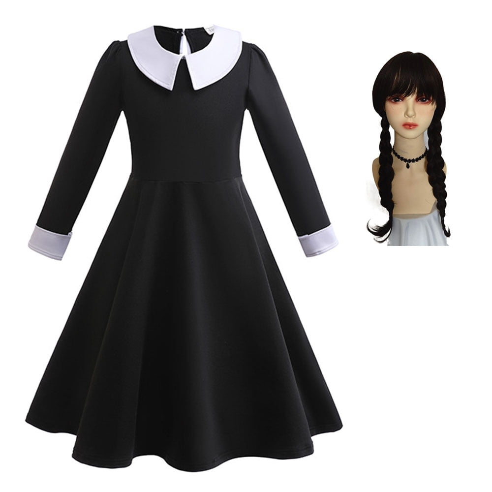 Wednesday Addams Costume Girls Peter Pan Collar Dress Short Sleeve  Halloween Outfit