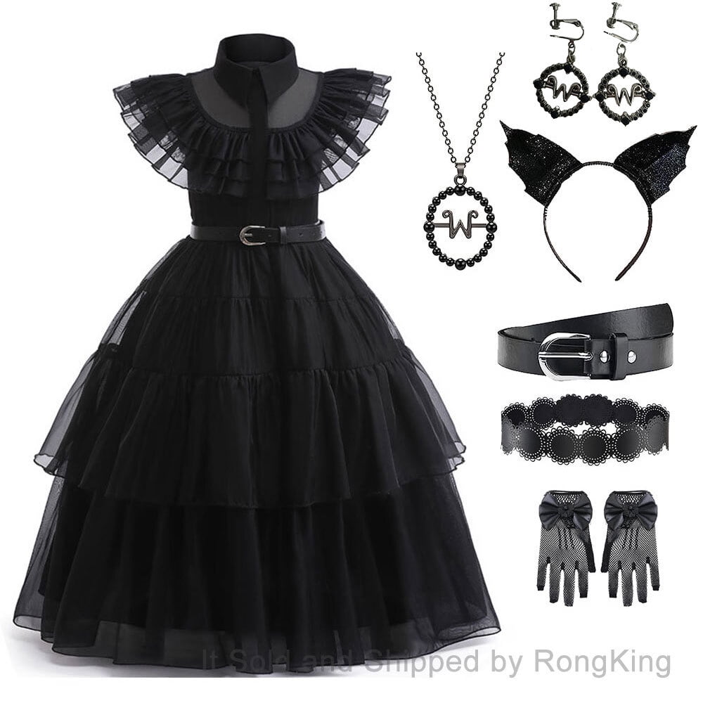 Girls Wednesday Addams Costume Dress with Princess Accessories