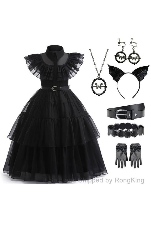 Wednesday Addams Costume Dress for Girls Halloween Dress Up with Accessories, 4-12Y