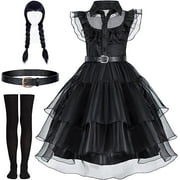 Wednesday Addams Costume Dress for Girls Halloween Dress Up with Accessories,
