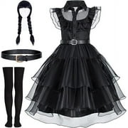 GOYOMA Wednesday Addams Costume Dress for Girls Halloween Dress Up with Accessories,