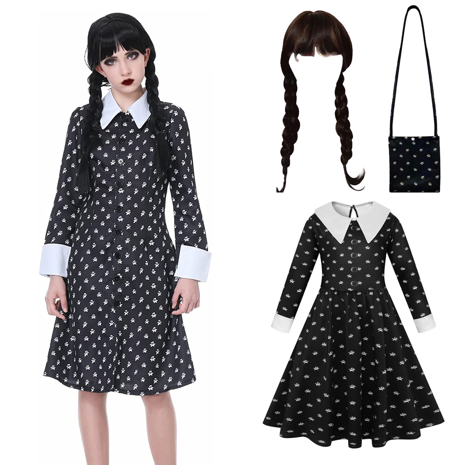 Wednesday Addams Costume for Adult Women Kids Girls Long Sleeve Peter Pan  Collar Black Dress Halloween Night Costume 