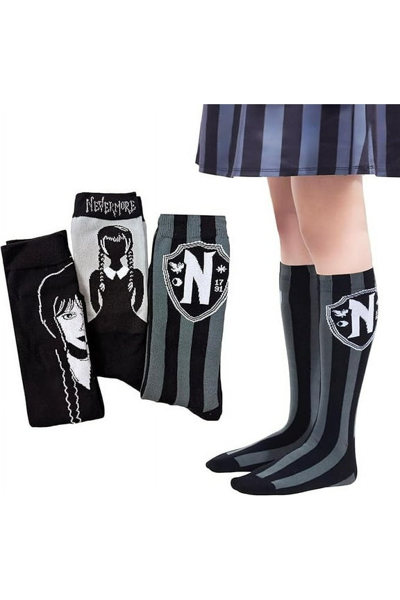 Wednesday Addams Crew Socks Kawaii Gift Set with Coffin-Shaped Gift Box for Unisex - 3 Pairs
