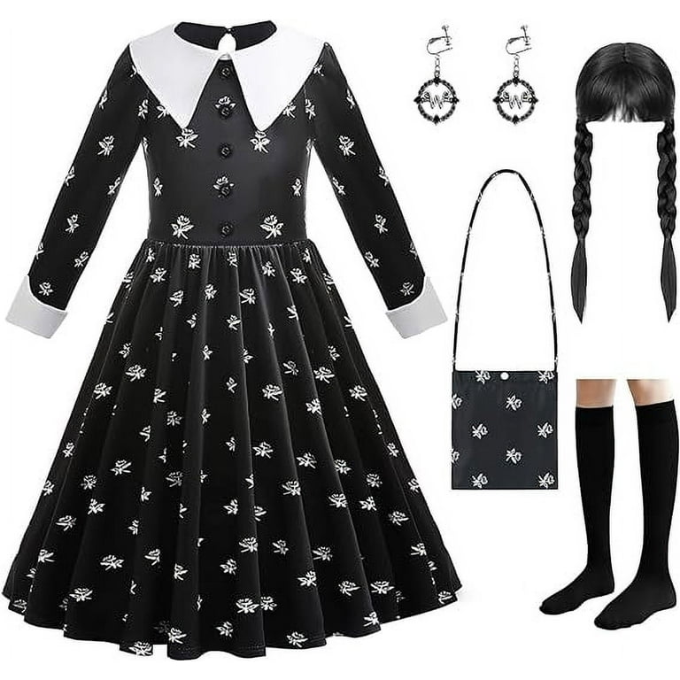 GUUZOGG Wednesday Addams Costume Dress with Wig Belt Socks and