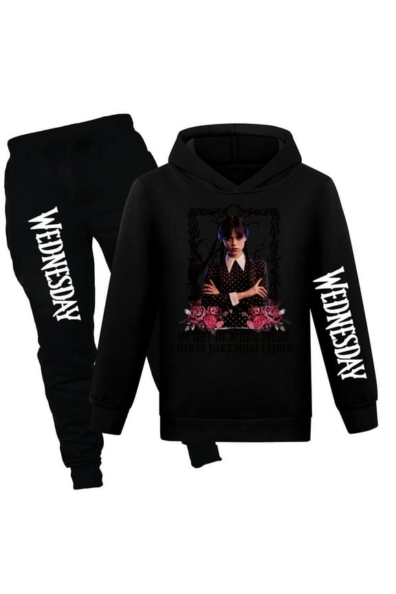 Wednesday Addams Family Tracksuit Outfit Hoodie and Sweatpants Suit 2 Piece Sweatshirt Set for Girls 4-13 Years