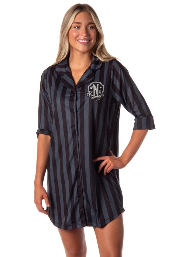 Wednesday Addams Family Women's Collared Pajama Nightgown Sleep Shirt