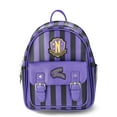 thumbnail interactive-video image 1 of Wednesday Addams Nevermore Academy Women's Striped Mini Backpack, Purple/Black, 1 of 5