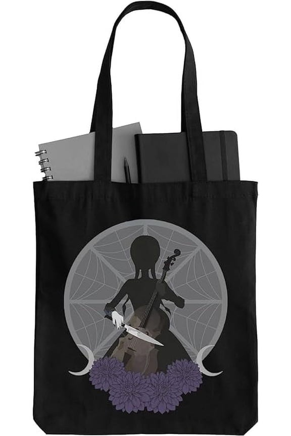 Wednesday Addams Playing Cello Black Canvas Tote Bag, Everyday Bag for Kids to Adults, Unisex, One Size