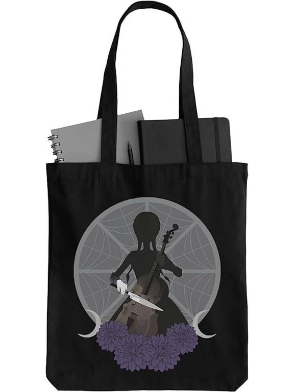 Wednesday Addams Playing Cello Black Canvas Tote Bag, Everyday Bag for Kids to Adults, Unisex, One Size