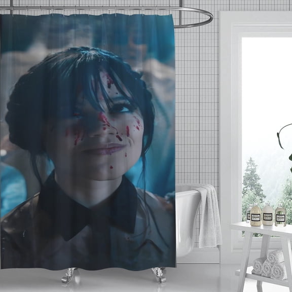 Wednesday Addams shower curtain features a classic print, is waterproof for easy care, and installs quickly, ideal for enhancing your bathrooms appeal. Size: 59" x 71" (150 x 180 cm).