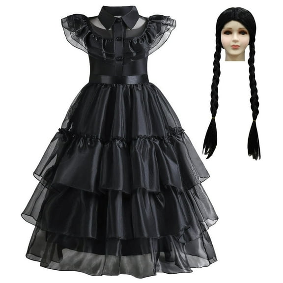 Wednesday Costume Dress For Girls Kids Halloween Dress Up Birthday Party Outfits 3-9Y