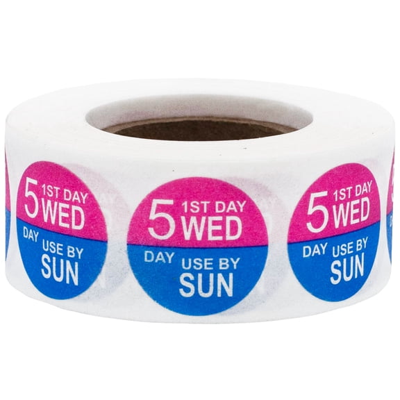 Wednesday Dissolvable 5 Day Food Rotation Preparation Shelf Life Circle Stickers, 0.75 Inch Round, 500 Labels on a Roll