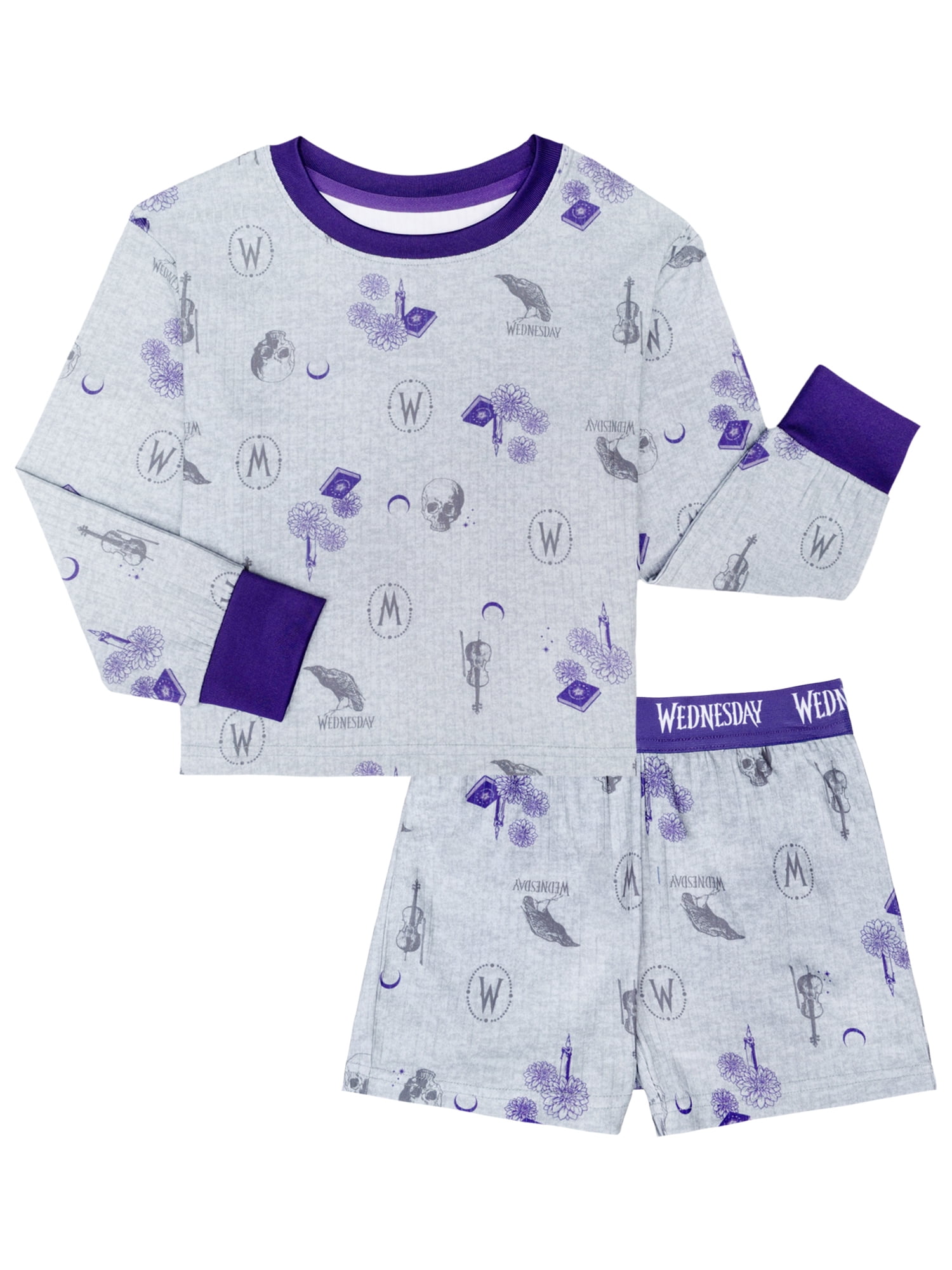 Wednesday Girls Halloween Long Sleeve Top and Short Pajama Set, 2-Piece, Sizes 4-12