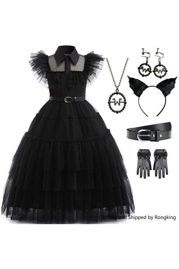 Wednesday Mesh Dance Dress for Girls with Accessories Cosplay Costume Outfits, Size 4-12 Year