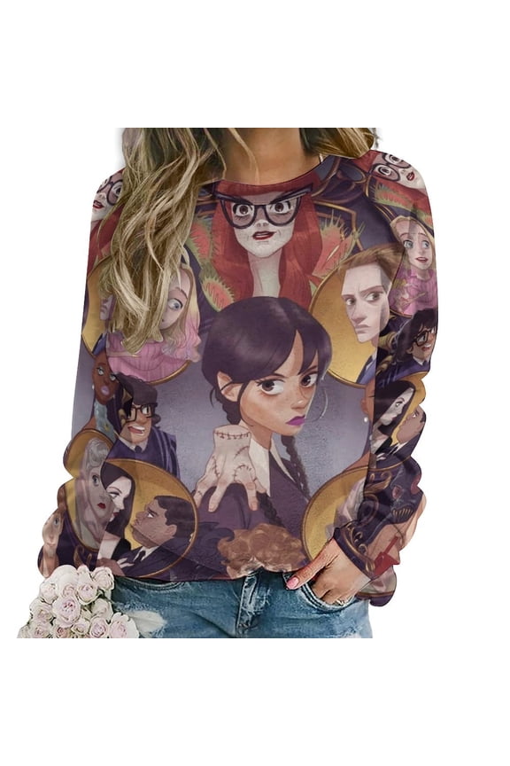 Wednesday Sweatshirts for Women Long Sleeve Crewneck Raglan Sweater Graphic Pullover Casual Comfy Tops 3XL