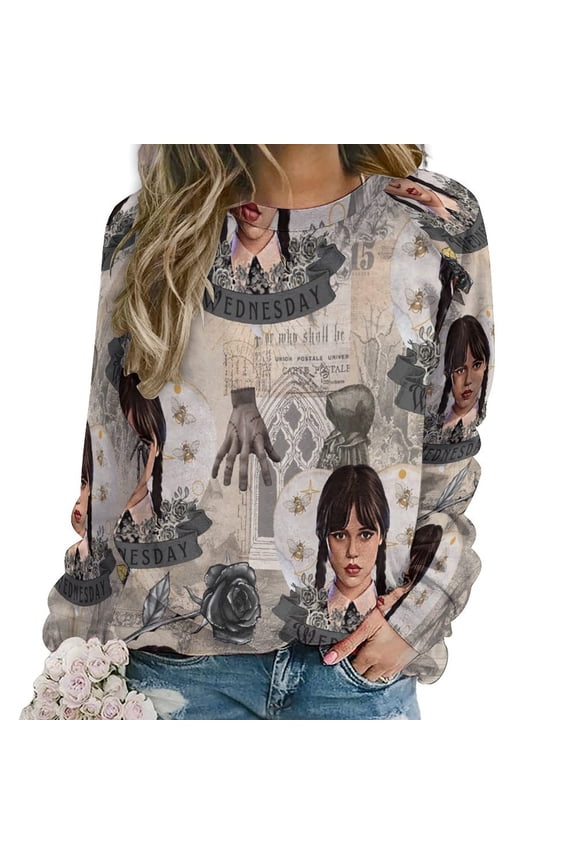 Wednesday Sweatshirts for Women Long Sleeve Crewneck Raglan Sweater Graphic Pullover Casual Comfy Tops M