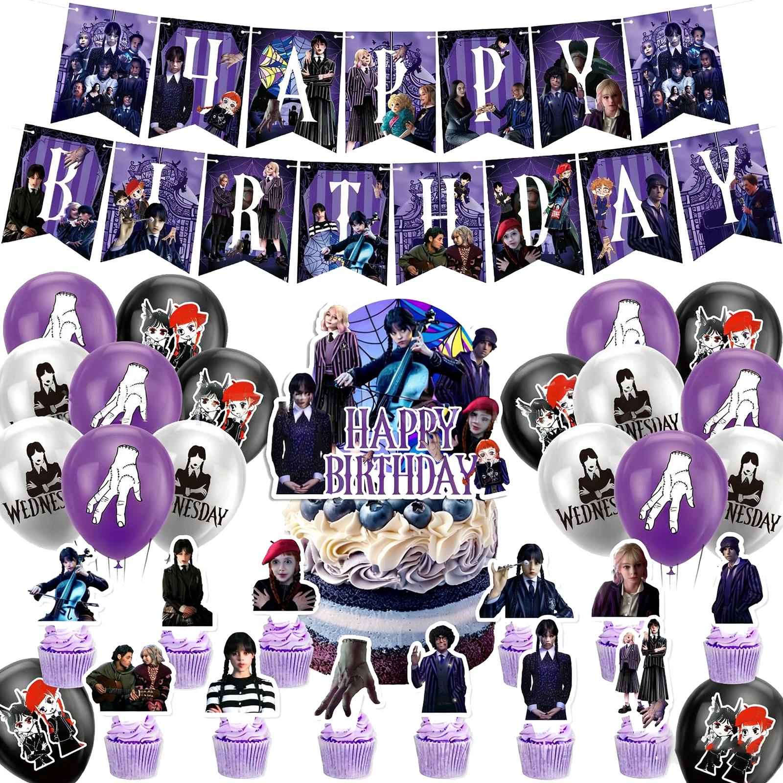 Wednessday Addams Birthday Decorations - Balloon & Happy Birthday