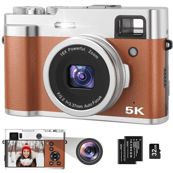 5K Digital Camera for Photography WiFi Autofocus 48MP Vlogging Camera for Youtube 16X Digital Zoom with Front and Rear Cameras with 32GB SD Card