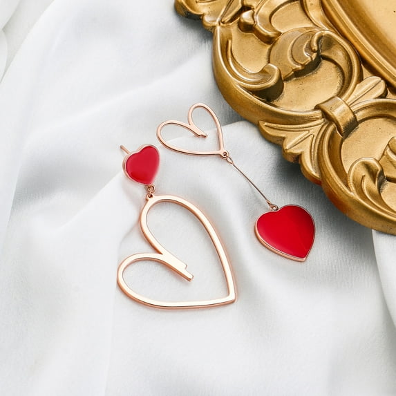 Wedure Asymmetric Statement Heart Dangle Drop Earrings for Women, Mismatched Enamel Love Dangling Earrings Red