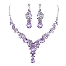 Wedure Austrian Crystal Costume Jewelry Set Teardrop Vintage Necklace Dangle Earrings Set for Women Light Purple Silver-Tone