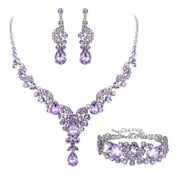 Wedure Bridal Austrian Crystal Jewelry Set Art Deco Vintage Costume Floral Teardrop Necklace Earrings Bracelet for Woman Light Purple Silver-Tone