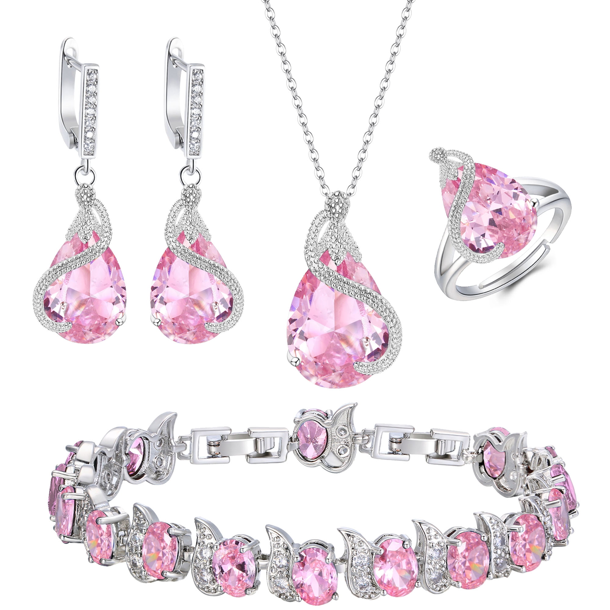 Women Rhodium Plated Pastel Pink Crystal Cubic Zirconia Studded Choker Set