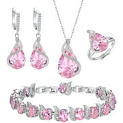 Wedure Bridal CZ Jewelry Set for Bride Bridesmaid, Glamour Birthstone Pink Teardrop Cubic Zirconia Necklace Earrings Tennis Bracelet Open Ring Set for Women Silver-Tone