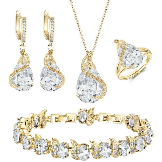 Wedure Bridal CZ Jewelry Sets for Bride, Emerald Birthstone CZ Necklace Earrings Bracelet Ring Sets for Birthday Clear Gold-Tone