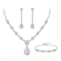 Wedure Bridal Jewelry Set Stunning Teardrop Cubic Zirconia October Birthstone Necklace Bracelet Earrings Set for Women Pink Silver-Tone
