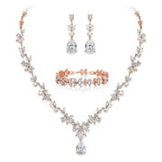 Wedure Bridal Jewelry Set for Bride Bridesmaid, Rose Gold Plated Flower Leaf White Cubic Zirconia Necklace Earrings Bracelet Set for Wedding Party