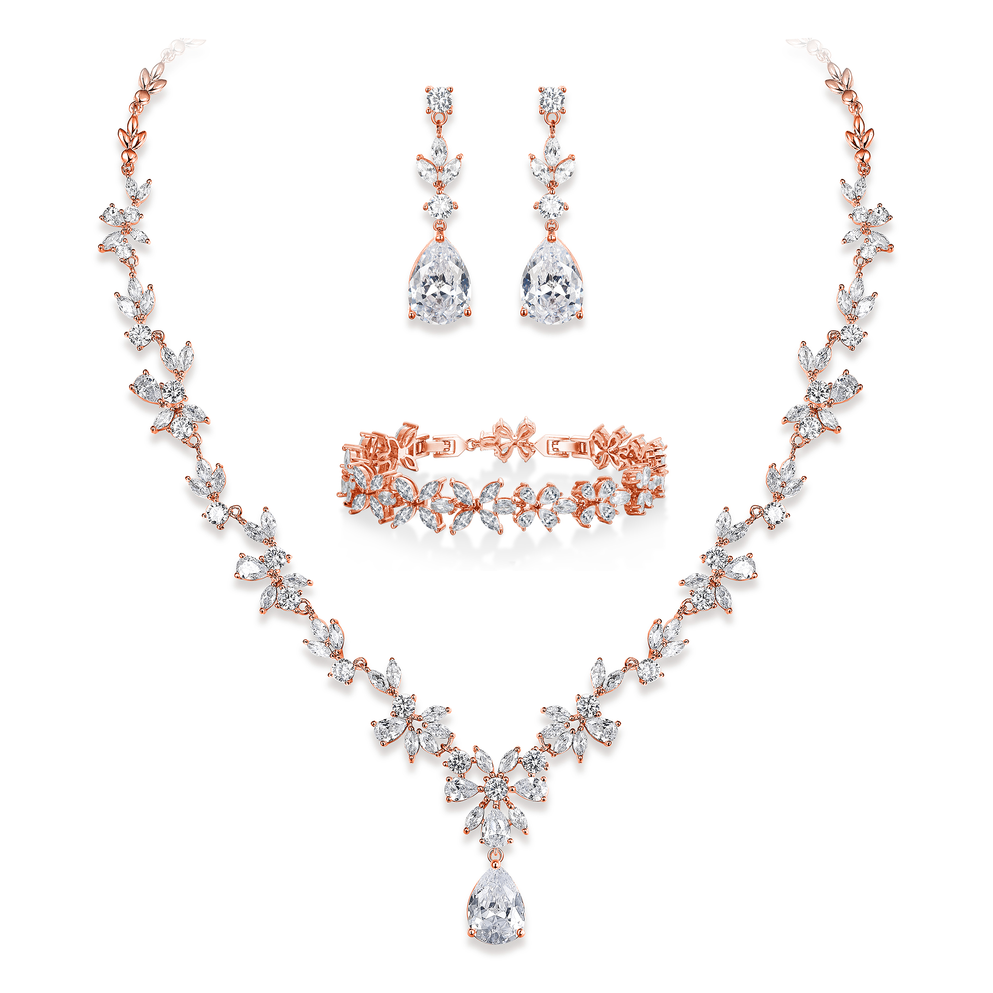 Wedure Bridal Jewelry Set for Bride Bridesmaid, Rose Gold Plated Flower Leaf White Cubic Zirconia Necklace Earrings Bracelet Set for Wedding Party - image 1 of 5