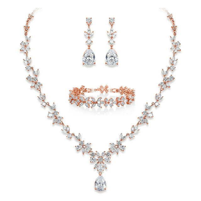 Wedure Bridal Jewelry Set for Bride Bridesmaid, Rose Gold Plated Flower Leaf White Cubic Zirconia Necklace Earrings Bracelet Set for Wedding Party