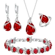 Wedure Bridal Waterdrop Cubic Zirconia Jewelry Set for Bride Bridesmaid, Ruby Birthstone Pendant Necklace Earrings Tennis Bracelet Open Ring Set for Women Red Silver-Tone