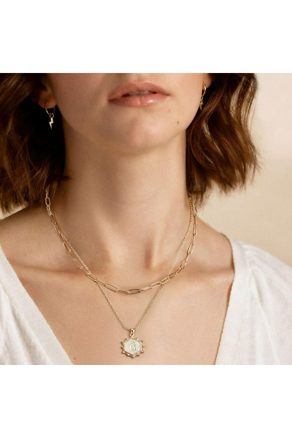 Dainty 14k Gold Plated Layered Octagonal Shape Necklaces for Women, Layering Necklaces Pendant Initial B Necklace Paperclip Chain Necklace Simple Adjustable for Women