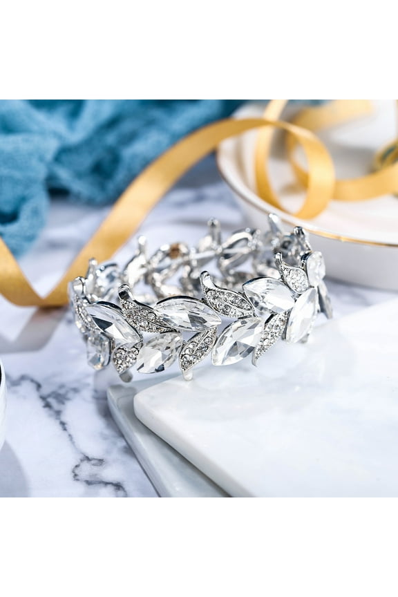 Elastic Stretch Bracelet Art Deco Vintage Round Marquise-Shaped Crystal Wrist Jewelry for Party Clear Silver-Tone