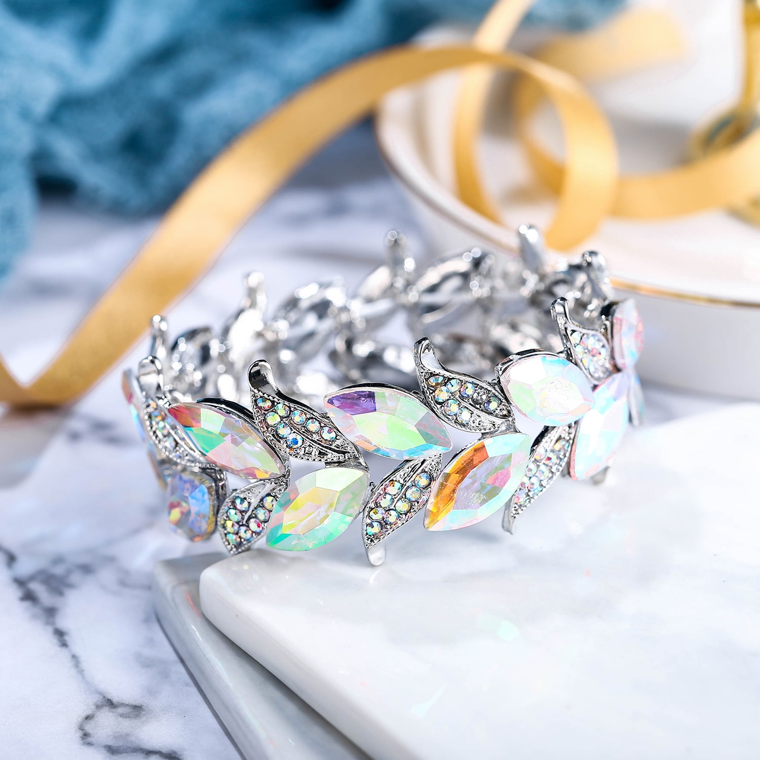 Tuliper Austrian Crystal Stretch Bracelet — 2 Layers, Art Deco Square Rhinestone Design, Elastic For Women, Bridal & Party Jewelry