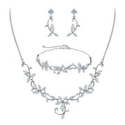 Wedure Flower Leaf Wedding Jewelry Set for Bridal Bridemaid, Cubic Zirconia Teardrop Elegant Vine Necklace Dangle Earrings Bracelet for Prom Party Clear Silver-Tone