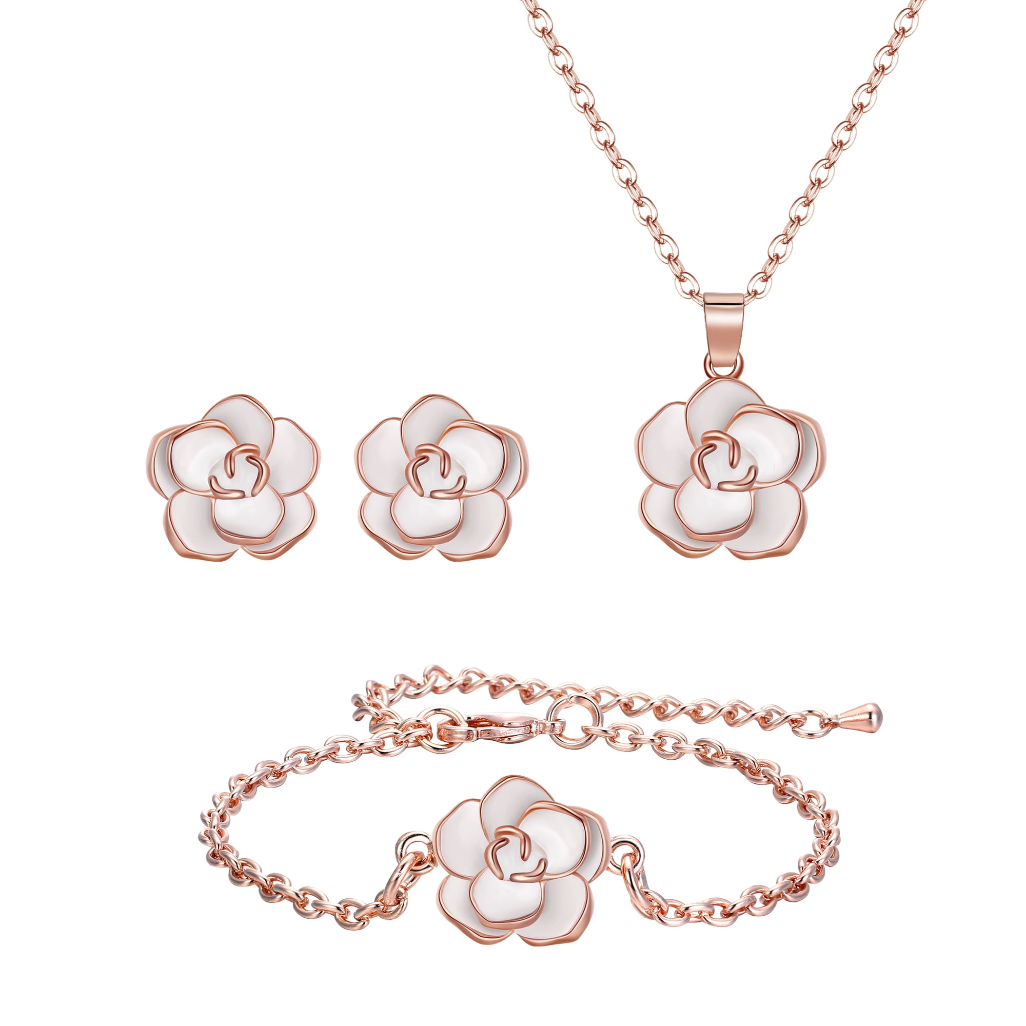 Wedure Flower Rose Necklace Earrings Bracelet Set, White Rose Gold
