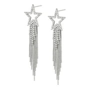 Wedure Rhinestone Crystal Star Tassel Dangle Drop Earrings for Women Girls, Long Waterfall Beaded Fringe Chandelier Statement Earrings Clear Silver-Tone