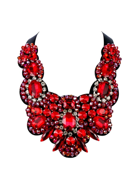 Wedure Ruby Color Rhinestone Crystal Bib Chunky Collar Statement Necklace for Women Girls Costume Jewelry