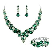 Wedure Wedding Bridal Jewelery for Women Austrian Crystal Teardrop Cluster Statement Necklace Dangle Earrings Link Bracelet Set Emerald Color Silver-Tone